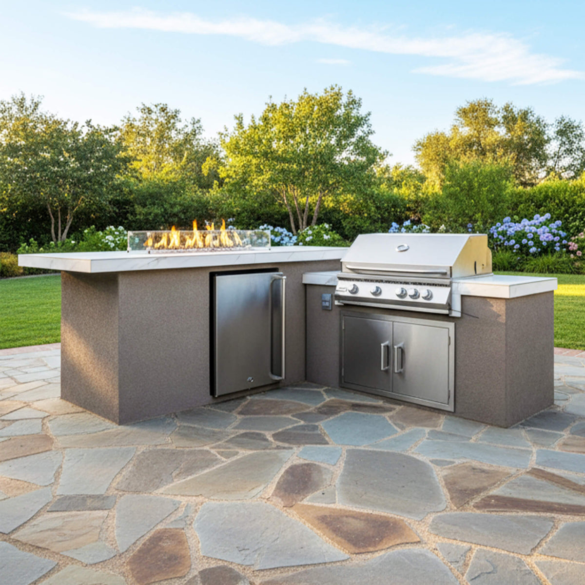 KoKoMo Grills Baja 9FT BBQ Island With LEDs, Built-In BBQ And Refrigerator [Made-To-Order] (SAK85739) - The Vitality Estate