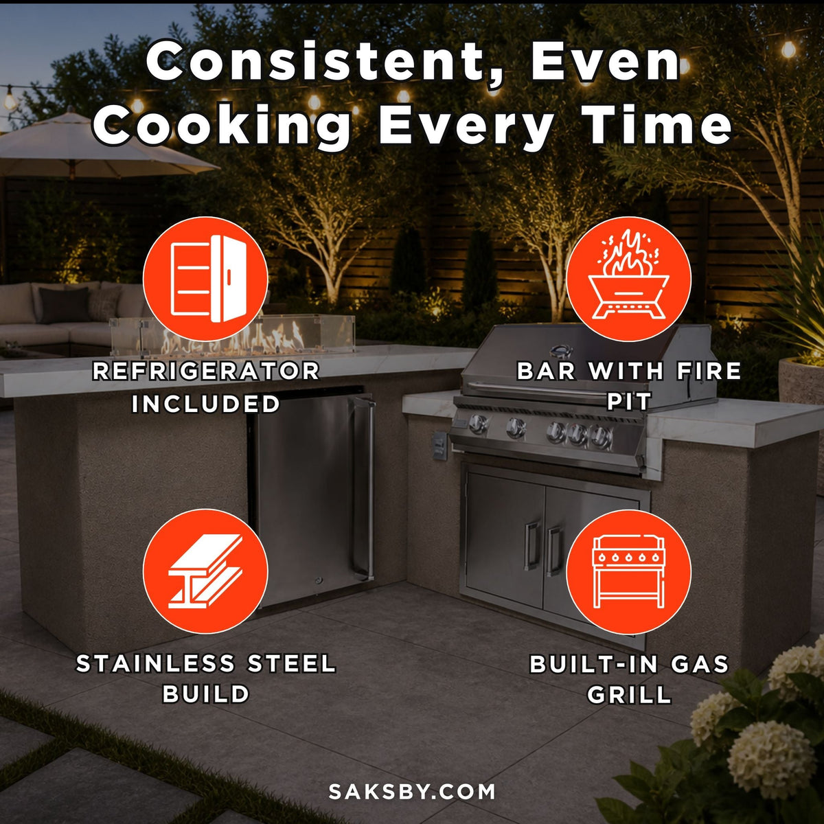 KoKoMo Grills Baja 9FT BBQ Island With LEDs, Built-In BBQ And Refrigerator [Made-To-Order] (SAK85739) - The Vitality Estate