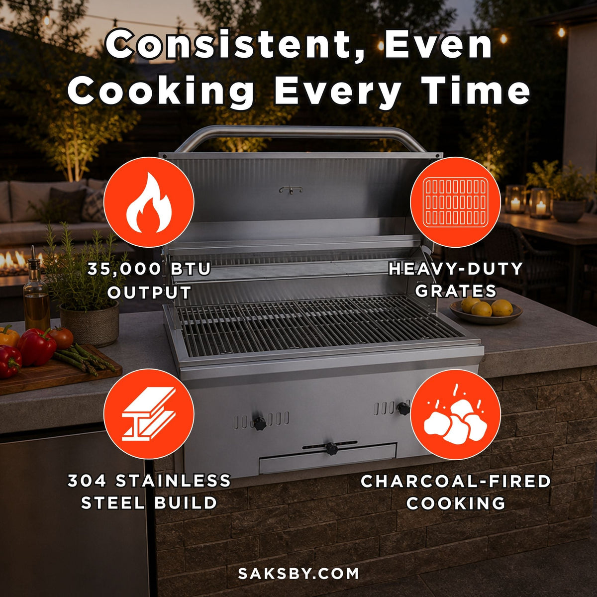 KoKoMo Grills Premium Built-In Charcoal Grill With 304 Stainless Steel And Adjustable Heat Tray, 32" (SAK32504) - The Vitality Estate