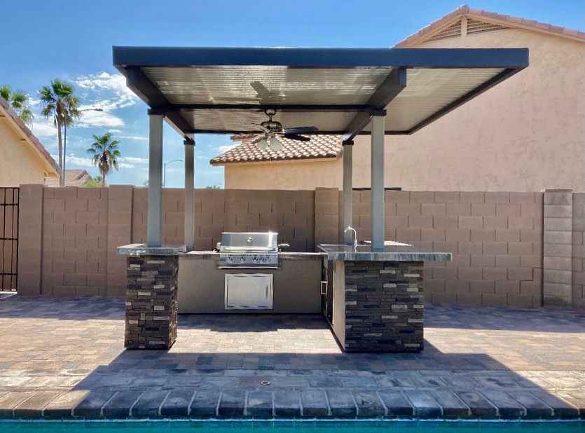 KoKoMo Outdoor Kitchen BBQ Island with 12' x 12' Pergola – Built-In 4-Burner Grill, Refrigerator, and Lighting - The Vitality Estate