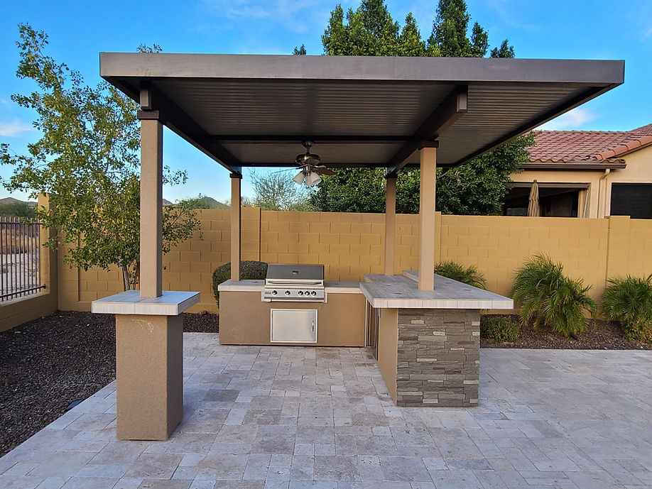 KoKoMo Outdoor Kitchen BBQ Island with 12' x 12' Pergola – Built-In 4-Burner Grill, Refrigerator, and Lighting - The Vitality Estate