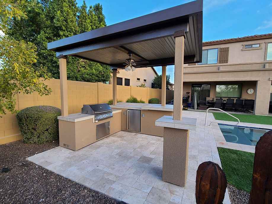 KoKoMo Outdoor Kitchen BBQ Island with 12' x 12' Pergola – Built-In 4-Burner Grill, Refrigerator, and Lighting - The Vitality Estate