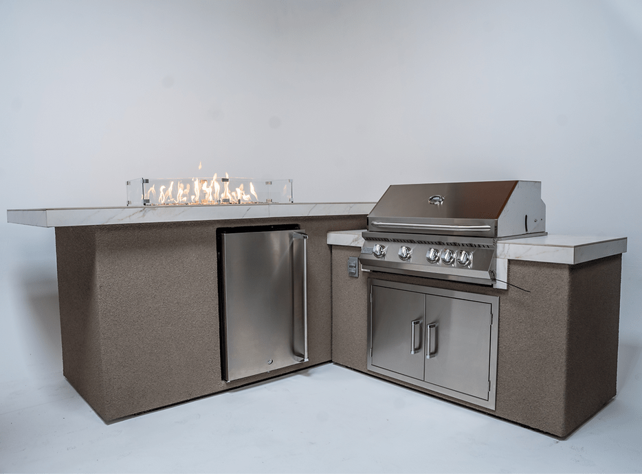 KoKoMo Outdoor Kitchen Island with Fire Feature – 7'6" x 9' - The Vitality Estate
