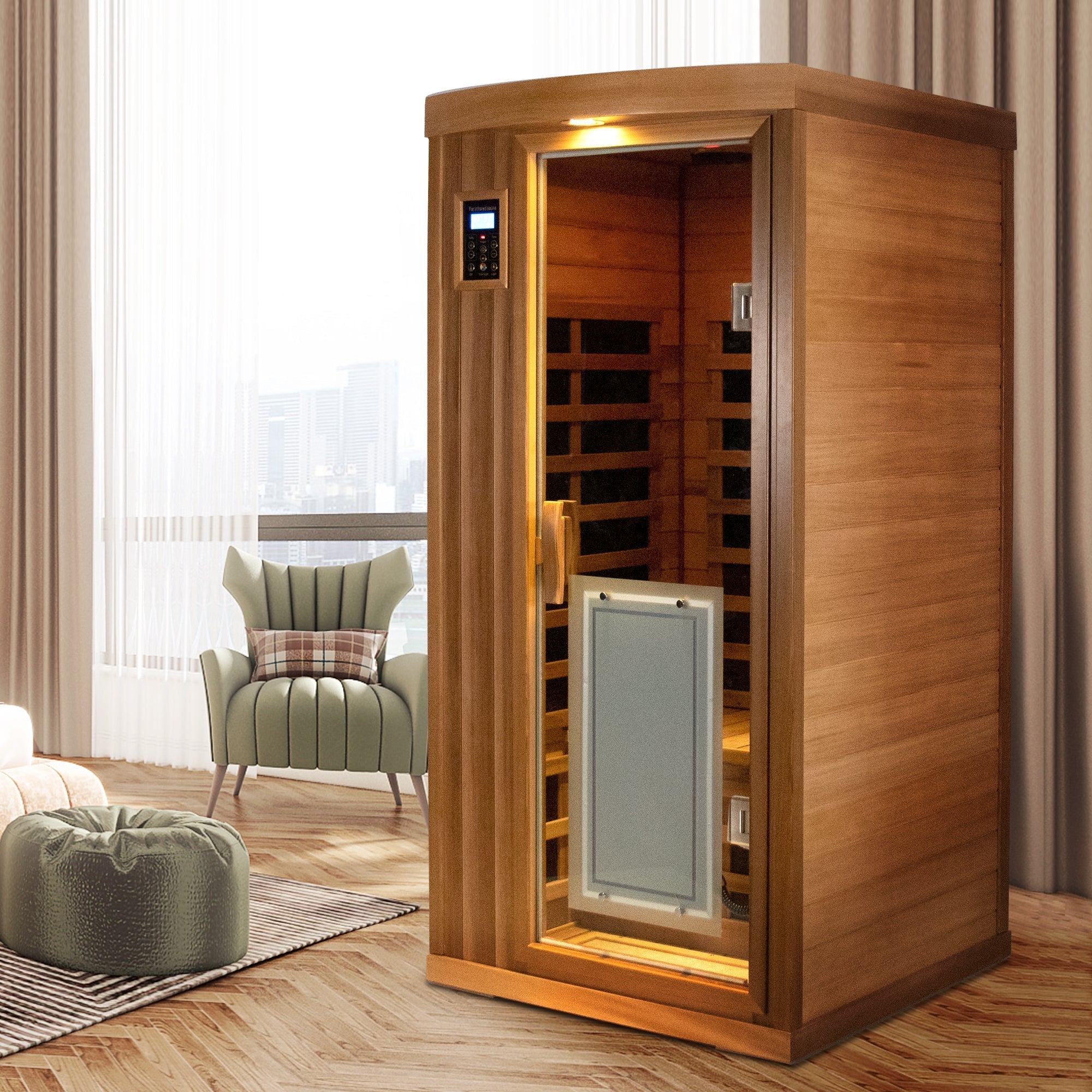 Low EMF One person Far infrared red cedar Deluxe indoor sauna room - The Vitality Estate