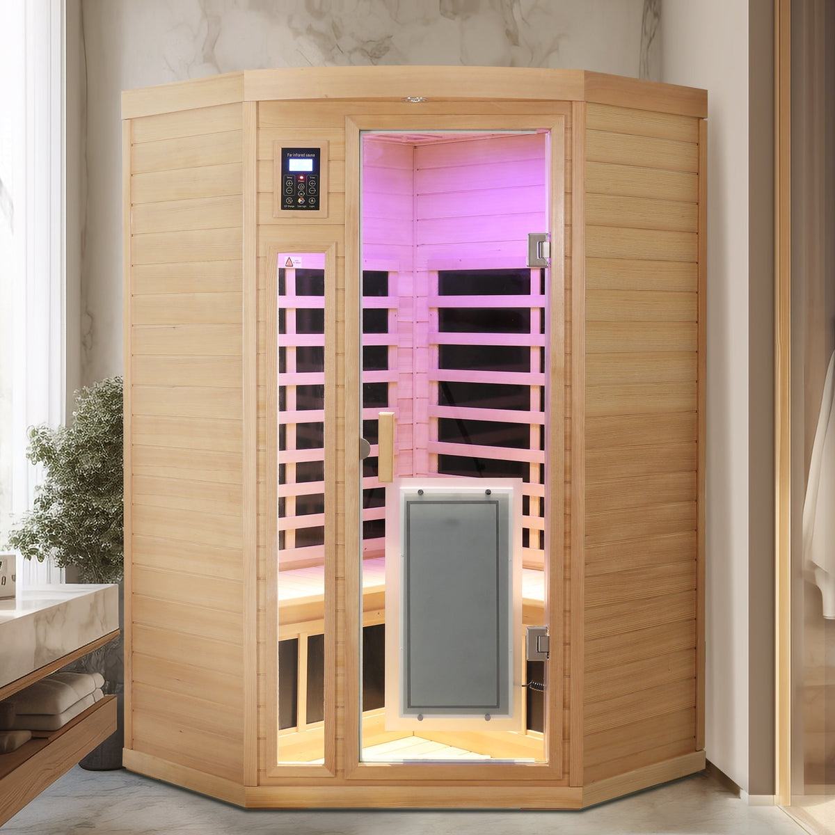 Low EMF, there is also a heating plate on the glass door, can be placed on the pentagon in the corner of the room, Hemlock wood Far-infrared indoor Two person sauna room - The Vitality Estate