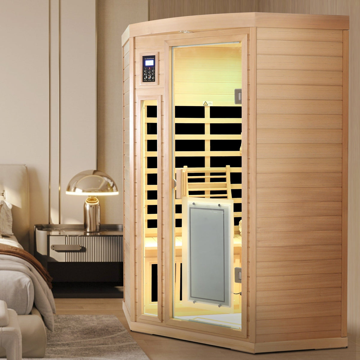 Low EMF, there is also a heating plate on the glass door, can be placed on the pentagon in the corner of the room, Hemlock wood Far-infrared indoor Two person sauna room - The Vitality Estate
