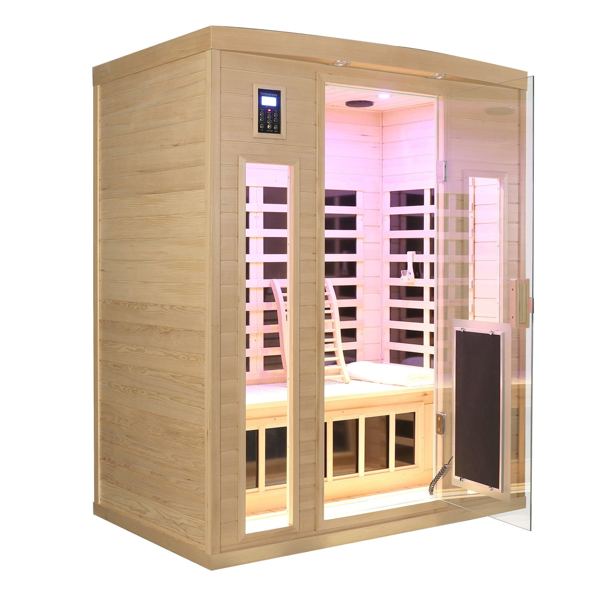 Low EMF, There is also a heating plate on the glass door, Hemlock wood Far-infrared indoor Three person sauna room - The Vitality Estate