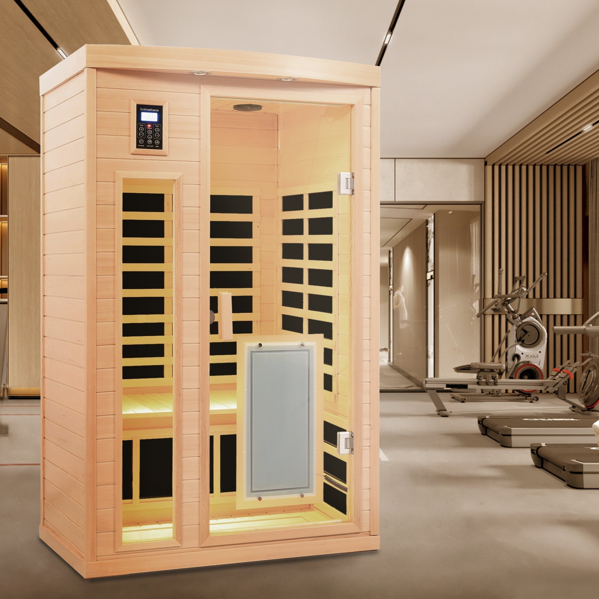 Low EMF, There is also a heating plate on the glass door, Hemlock wood Far-infrared indoor Two person sauna room - The Vitality Estate
