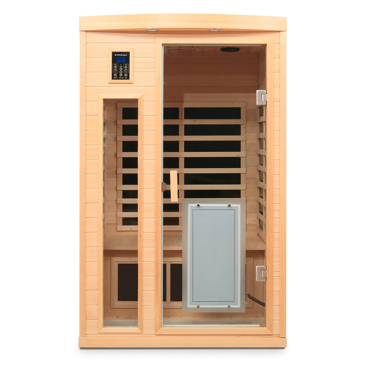 Low EMF, There is also a heating plate on the glass door, Hemlock wood Far-infrared indoor Two person sauna room - The Vitality Estate