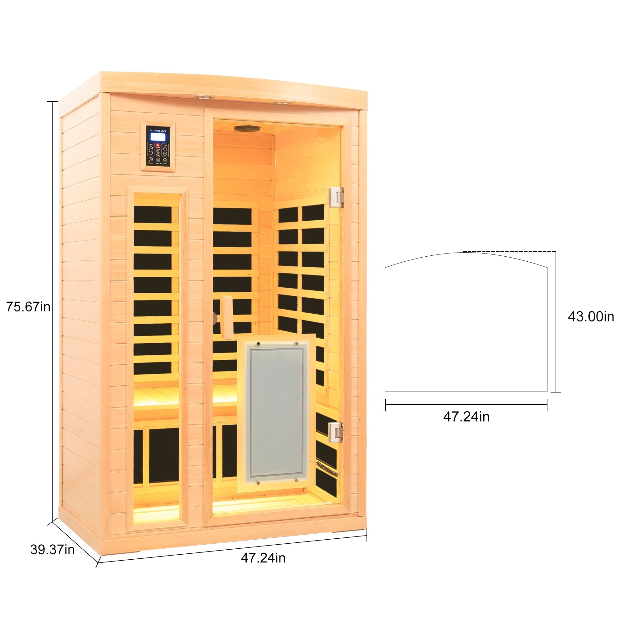 Low EMF, There is also a heating plate on the glass door, Hemlock wood Far-infrared indoor Two person sauna room - The Vitality Estate