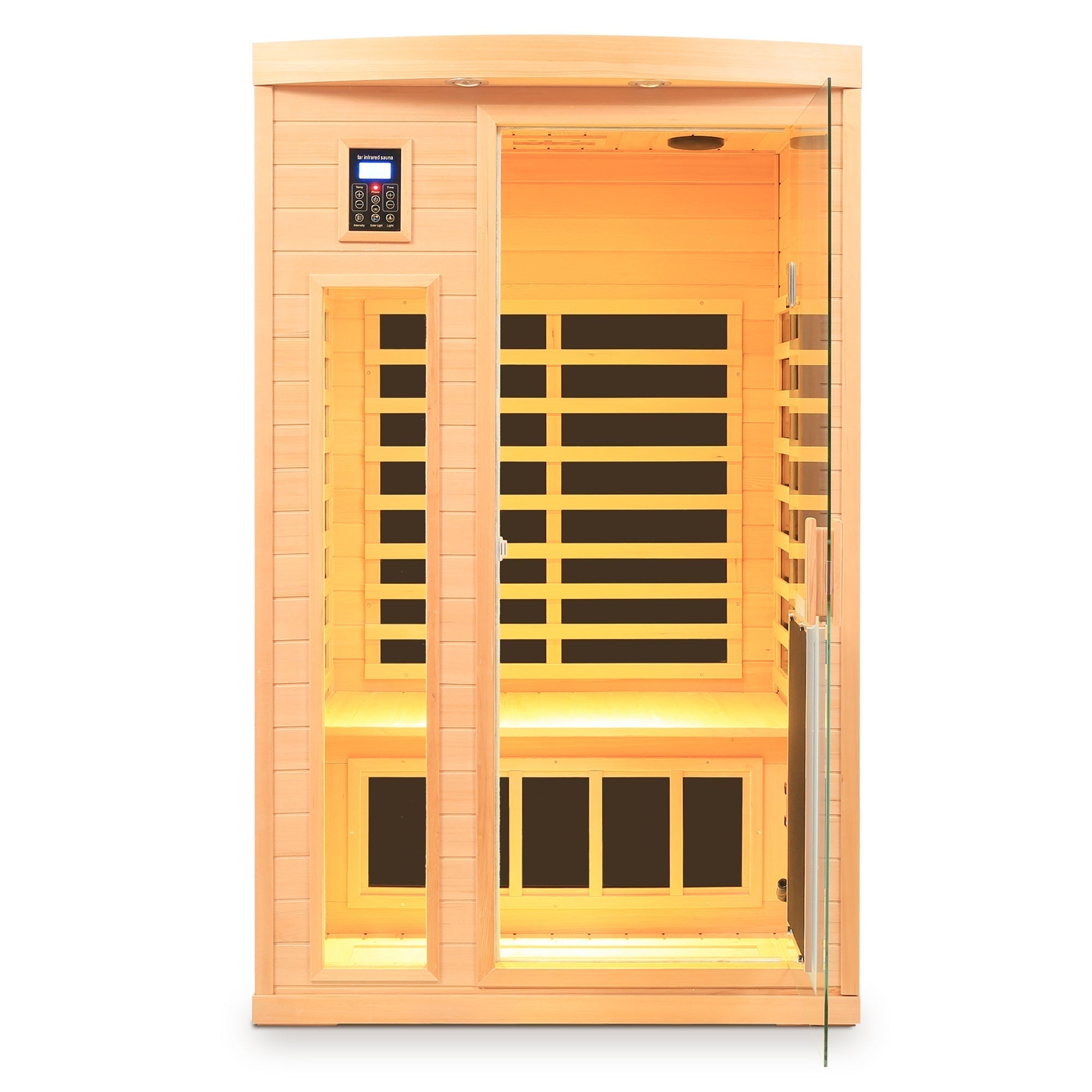 Low EMF, There is also a heating plate on the glass door, Hemlock wood Far-infrared indoor Two person sauna room - The Vitality Estate