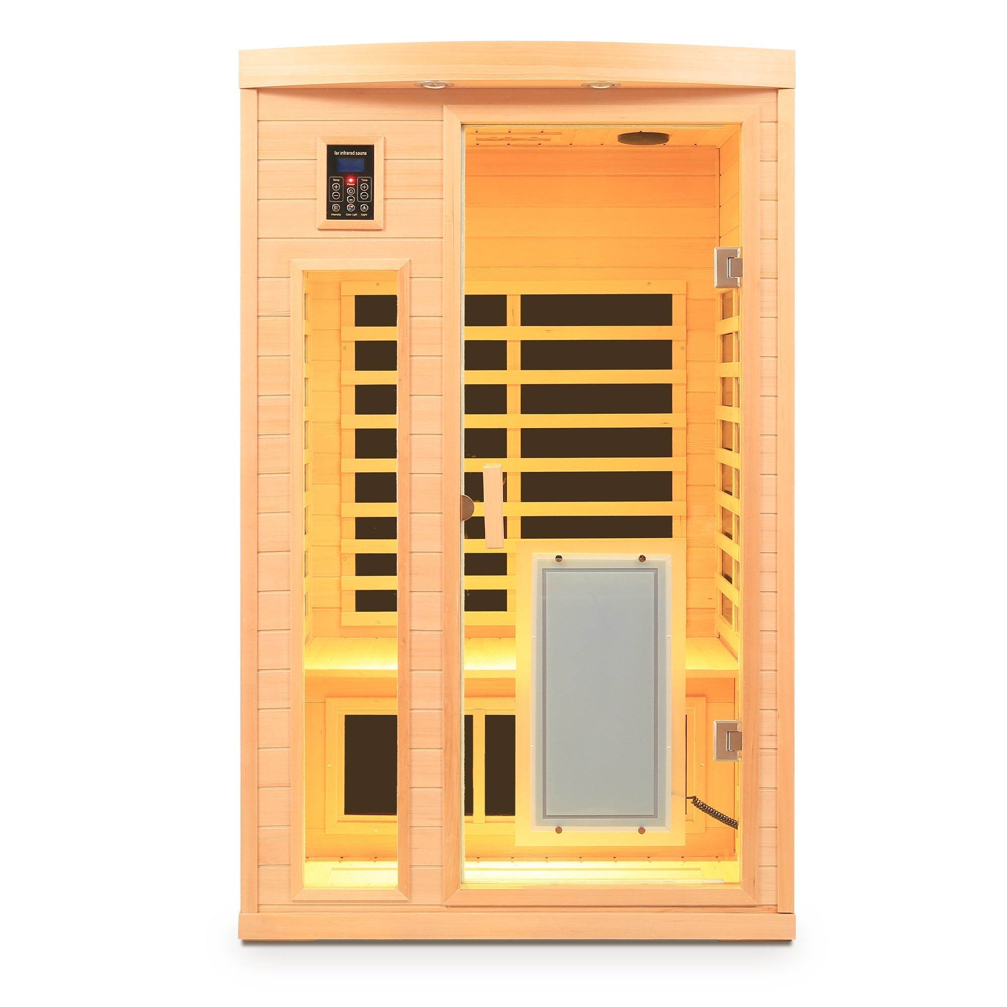 Low EMF, There is also a heating plate on the glass door, Hemlock wood Far-infrared indoor Two person sauna room - The Vitality Estate