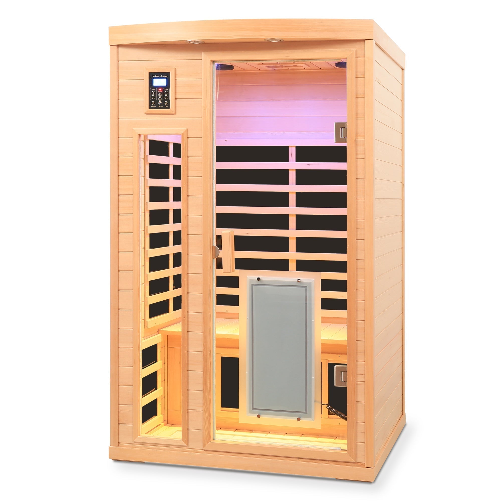Low EMF, There is also a heating plate on the glass door, Hemlock wood Far-infrared indoor Two person sauna room - The Vitality Estate