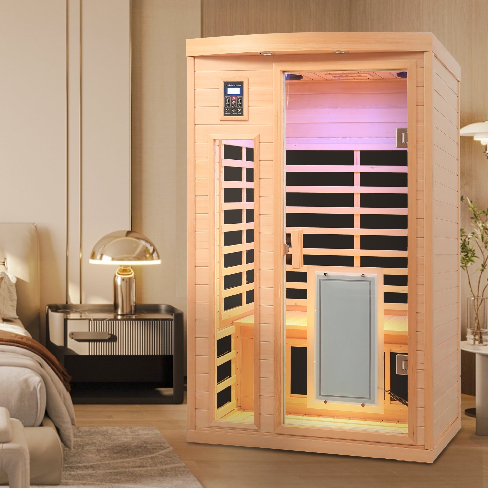 Low EMF, There is also a heating plate on the glass door, Hemlock wood Far-infrared indoor Two person sauna room - The Vitality Estate