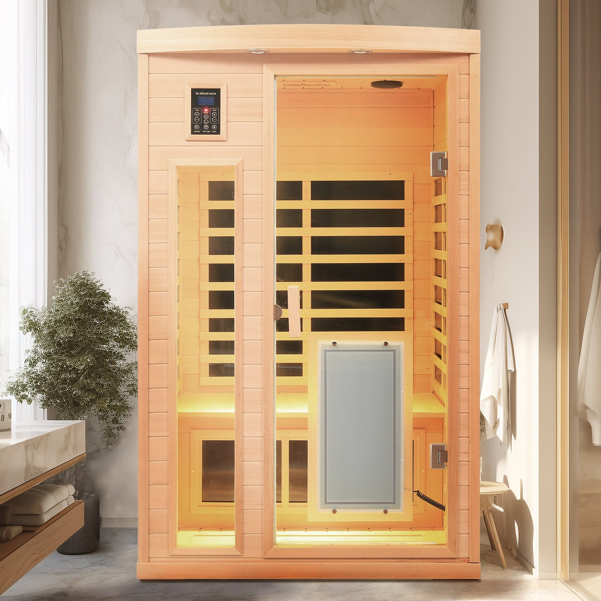 Low EMF, There is also a heating plate on the glass door, Hemlock wood Far-infrared indoor Two person sauna room - The Vitality Estate