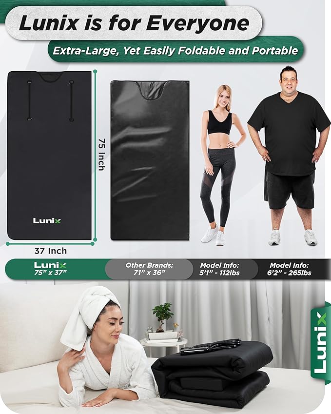 Lunix LX17 Infrared Sauna Blanket for Home, Portable Sauna for Detox, Pain Relief & Recovery, Adjustable 77–176°F Far Infrared Heat with Head Pillow, Detox Wrap & Hot Cold Gel Pack – Jet Black - The Vitality Estate