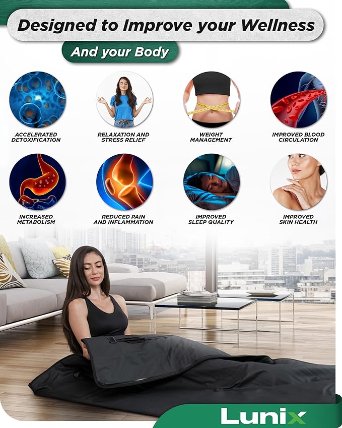 Lunix LX17 Infrared Sauna Blanket for Home, Portable Sauna for Detox, Pain Relief & Recovery, Adjustable 77–176°F Far Infrared Heat with Head Pillow, Detox Wrap & Hot Cold Gel Pack – Jet Black - The Vitality Estate