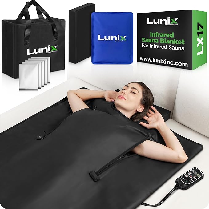 Lunix LX17 Infrared Sauna Blanket for Home, Portable Sauna for Detox, Pain Relief & Recovery, Adjustable 77–176°F Far Infrared Heat with Head Pillow, Detox Wrap & Hot Cold Gel Pack – Jet Black - The Vitality Estate