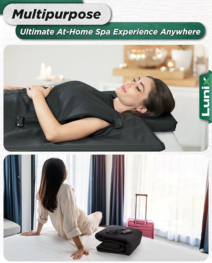 Lunix LX17 Infrared Sauna Blanket for Home, Portable Sauna for Detox, Pain Relief & Recovery, Adjustable 77–176°F Far Infrared Heat with Head Pillow, Detox Wrap & Hot Cold Gel Pack – Jet Black - The Vitality Estate