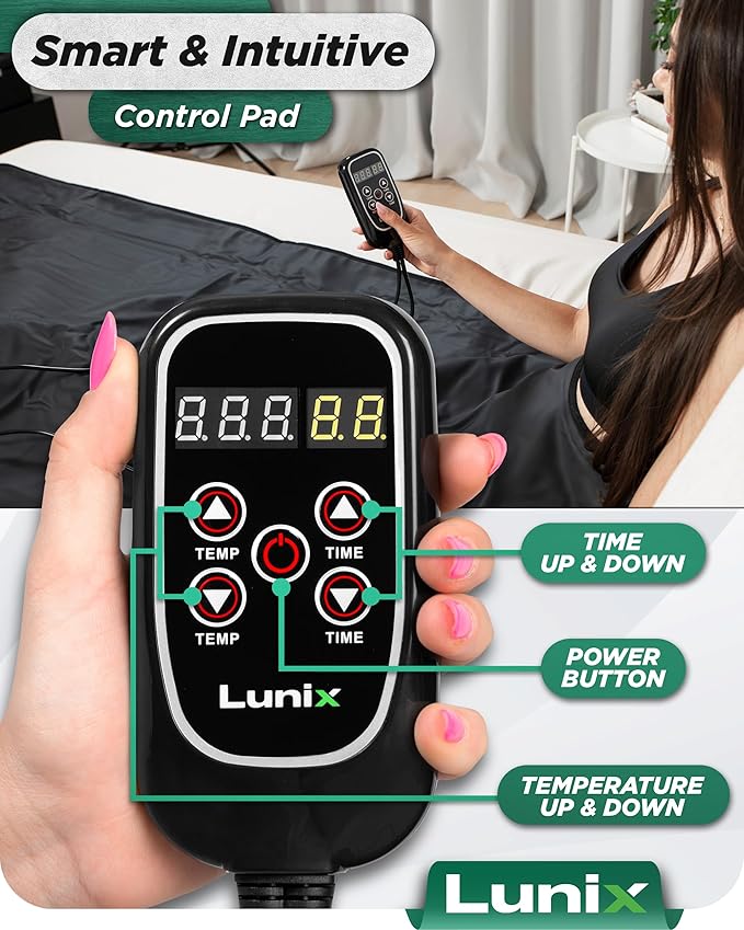 Lunix LX17 Infrared Sauna Blanket for Home, Portable Sauna for Detox, Pain Relief & Recovery, Adjustable 77–176°F Far Infrared Heat with Head Pillow, Detox Wrap & Hot Cold Gel Pack – Jet Black - The Vitality Estate
