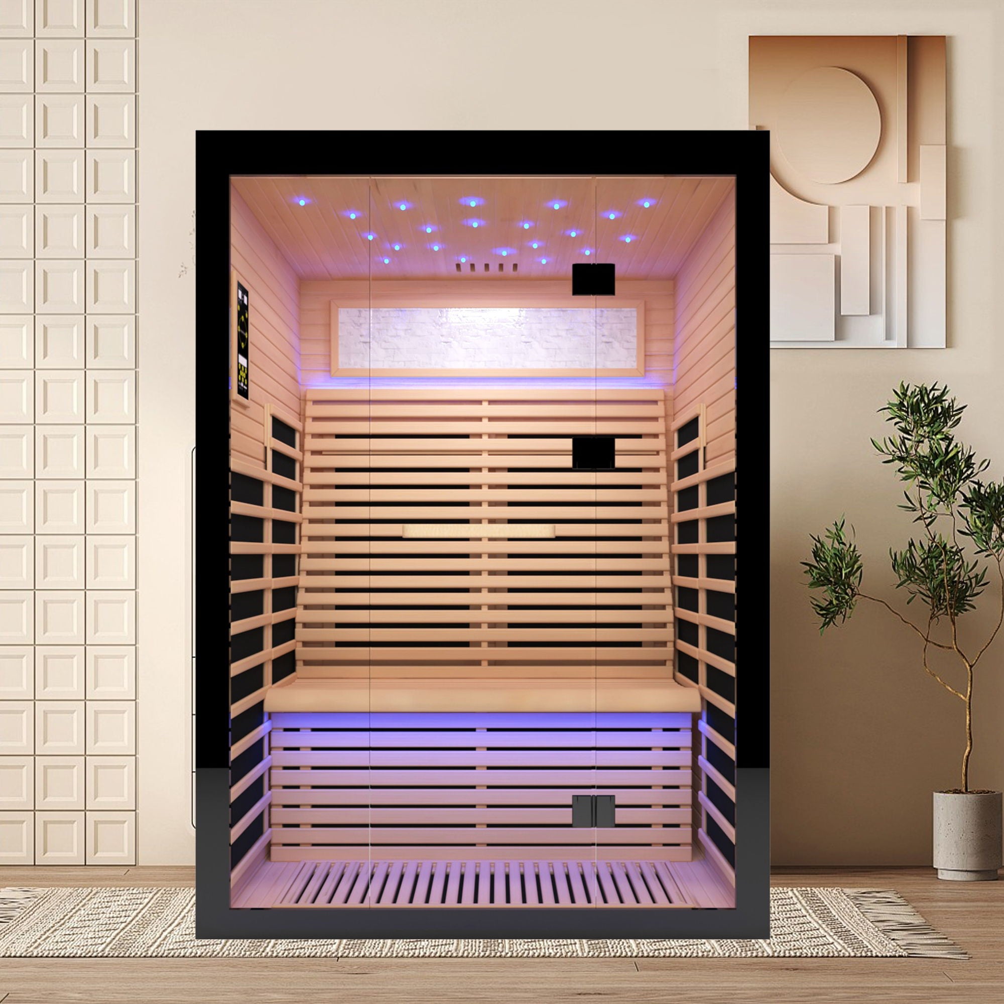 Luxury Double Far Infrared Sauna Room With Epoxy Heating Plates And Starry Sky Lighting - Black / Natural - The Vitality Estate