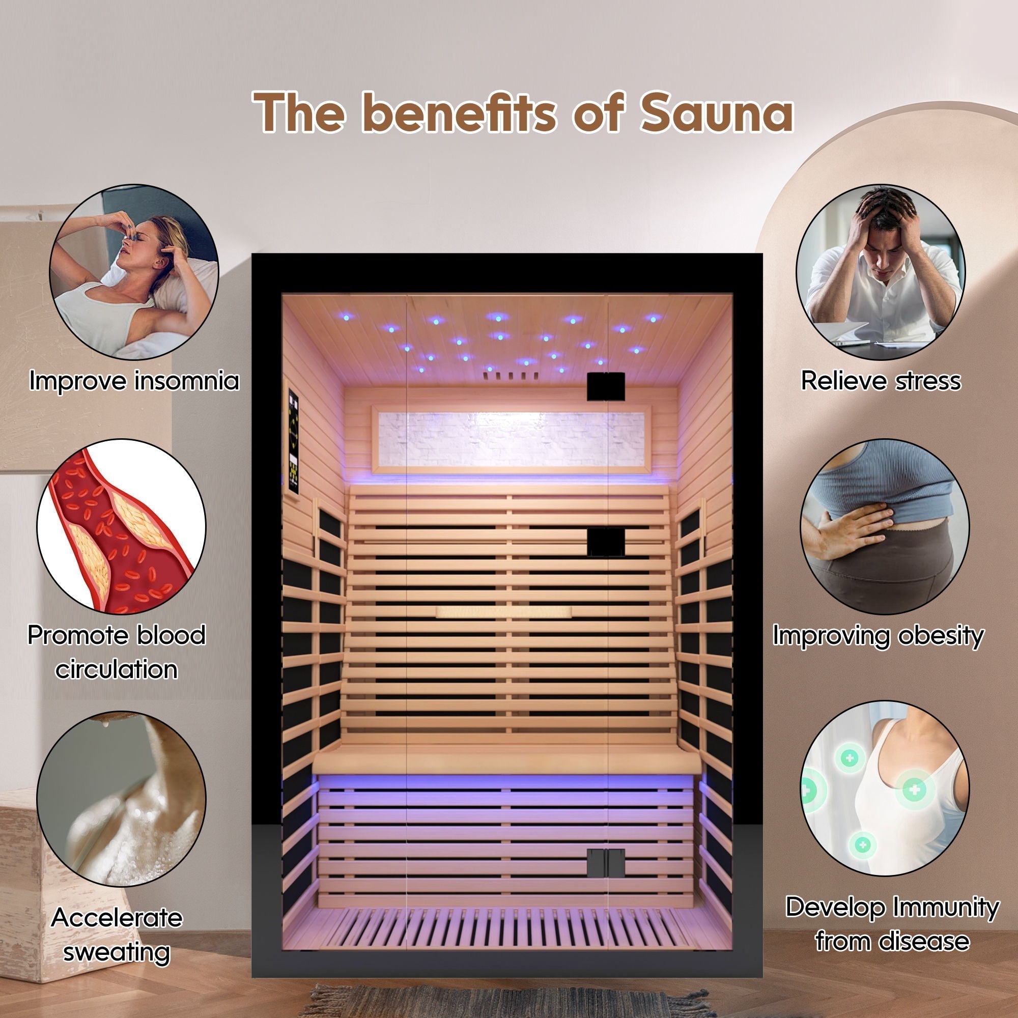 Luxury Double Far Infrared Sauna Room With Epoxy Heating Plates And Starry Sky Lighting - Black / Natural - The Vitality Estate