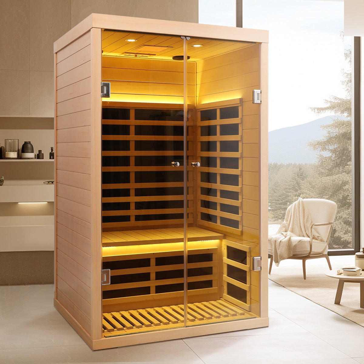 Luxury Indoor Hemlock Infrared Sauna Room with Double Doors and Glass for Two Persons - The Vitality Estate
