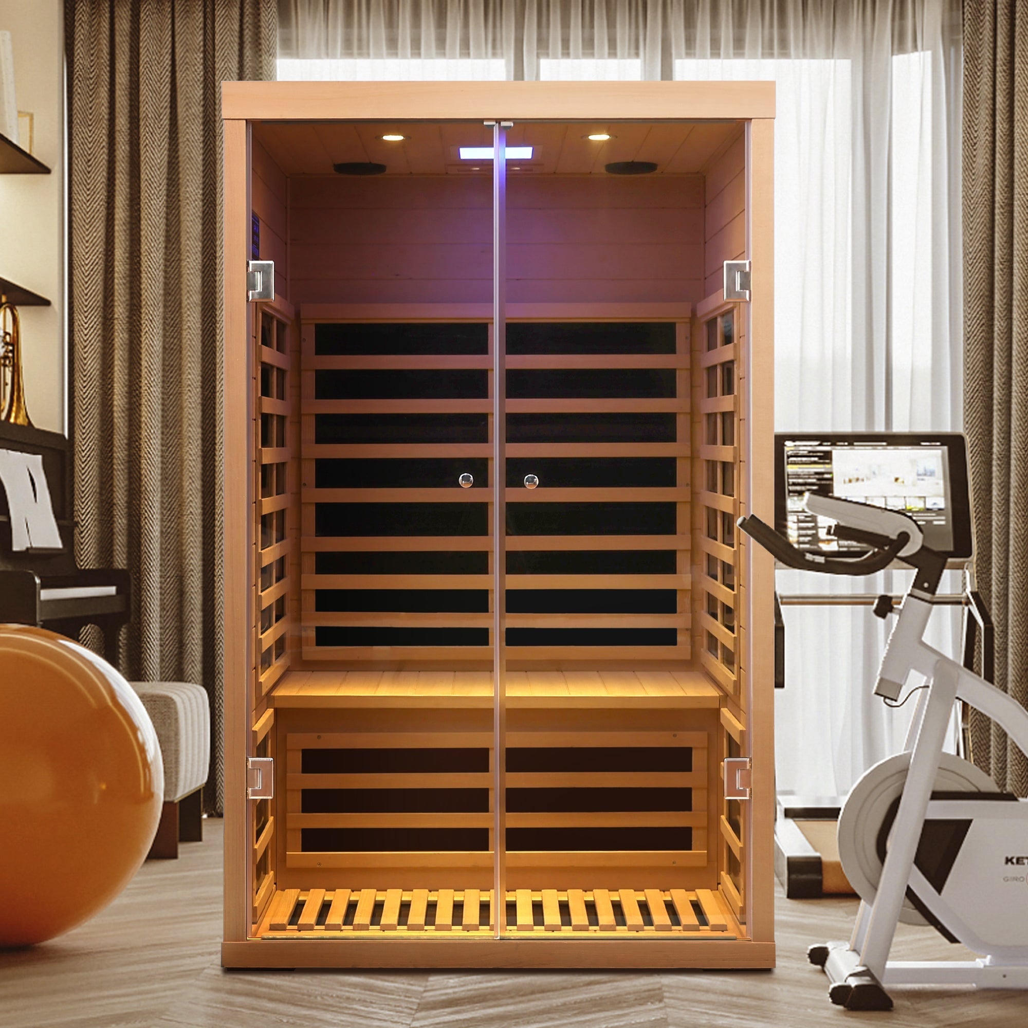 Luxury Indoor Hemlock Infrared Sauna Room with Double Doors and Glass for Two Persons - The Vitality Estate