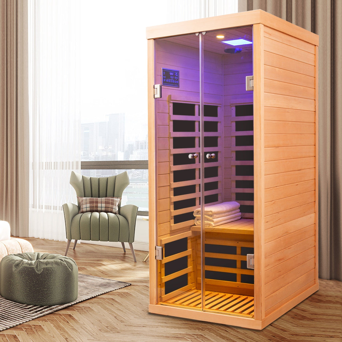 Luxury Indoor Low EMF Far Infrared Sauna Room with Hemlock Wood and Glass Double Doors - The Vitality Estate