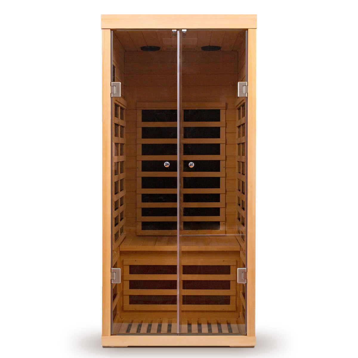 Luxury Indoor Low EMF Far Infrared Sauna Room with Hemlock Wood and Glass Double Doors - The Vitality Estate