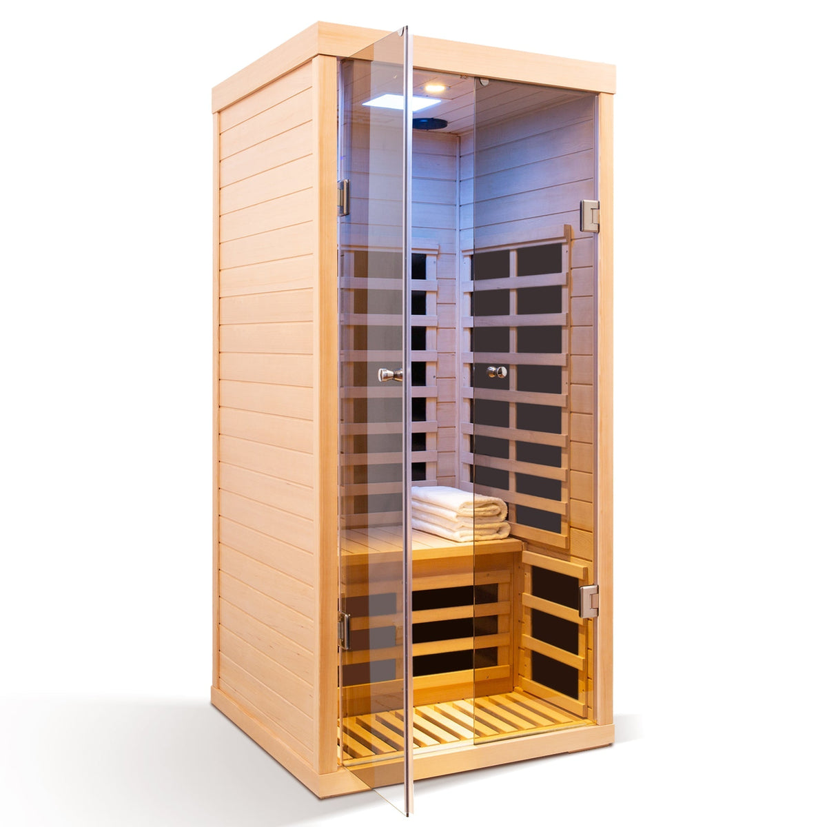 Luxury Indoor Low EMF Far Infrared Sauna Room with Hemlock Wood and Glass Double Doors - The Vitality Estate