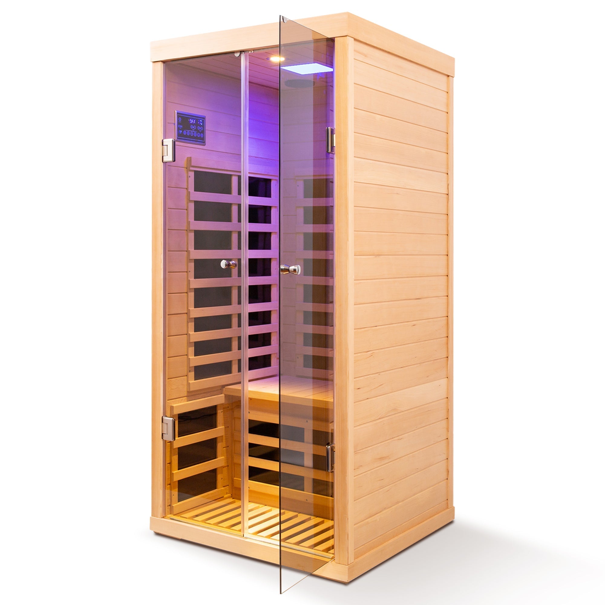 Luxury Indoor Low EMF Far Infrared Sauna Room with Hemlock Wood and Glass Double Doors - The Vitality Estate