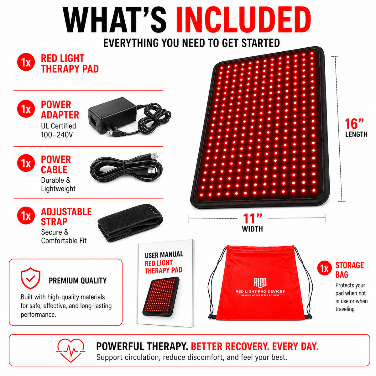 Medium Red Light Pad for Pain Relief & Recovery | 16" x 11" | 1188 LEDs + 12V Car Adapter - The Vitality Estate