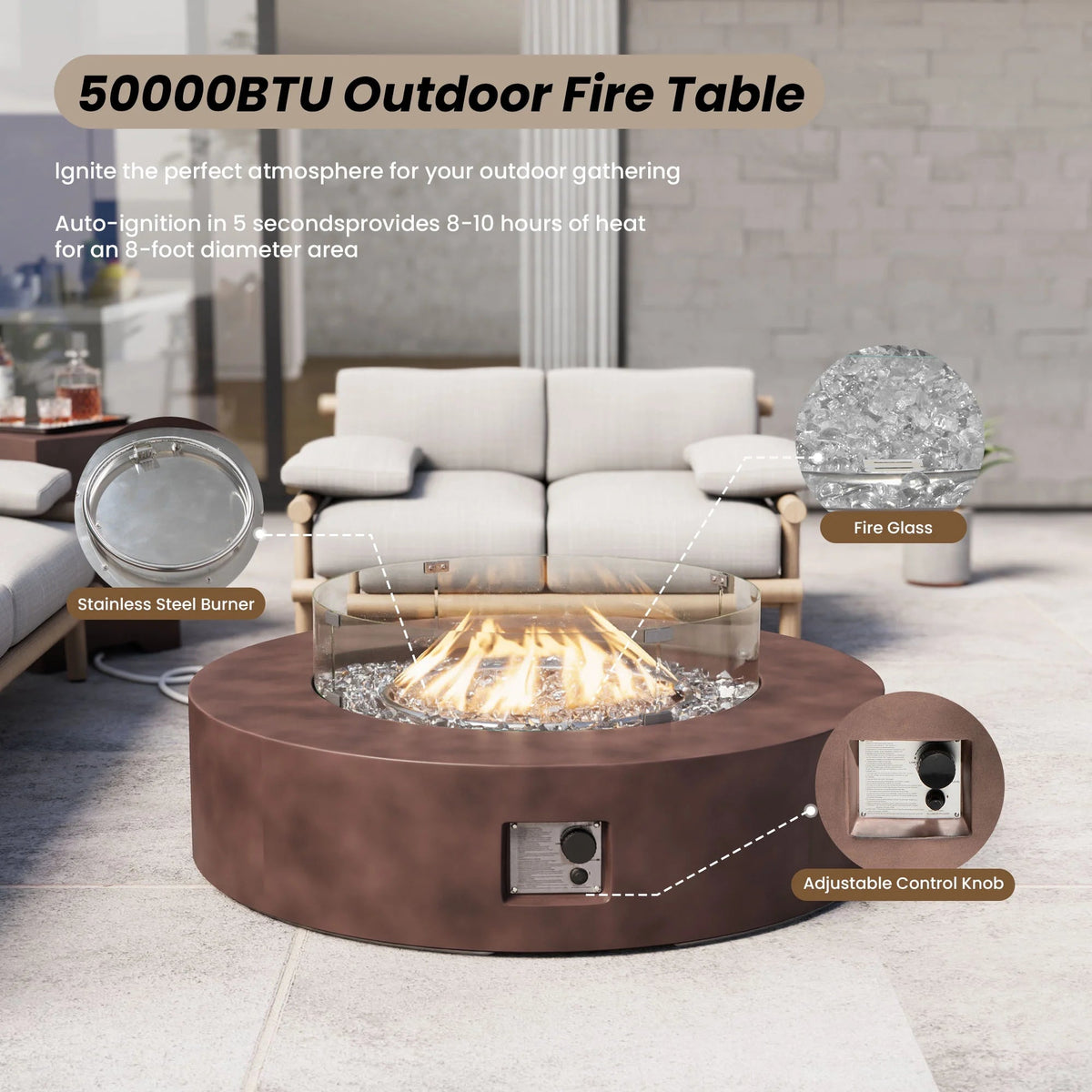 MGO Outdoor Propane Fire Pit Table with Wind Guard, Transparent Gray Fire Glass, Waterproof Cover for Garden, Backyard - The Vitality Estate