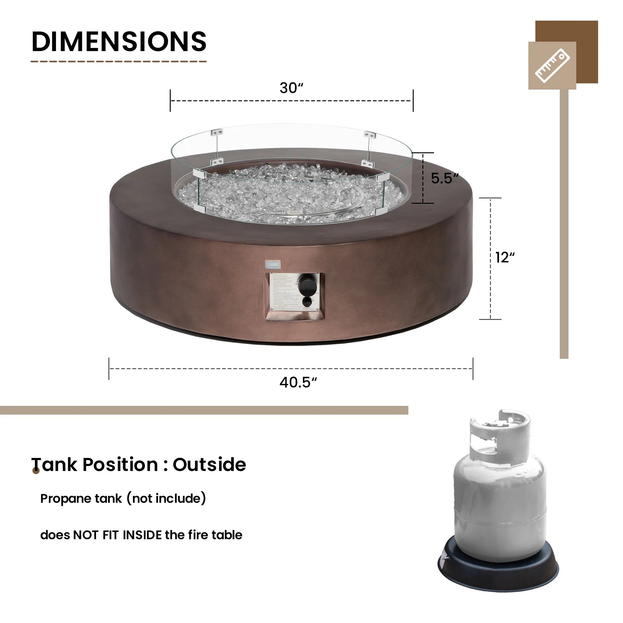 MGO Outdoor Propane Fire Pit Table with Wind Guard, Transparent Gray Fire Glass, Waterproof Cover for Garden, Backyard - The Vitality Estate