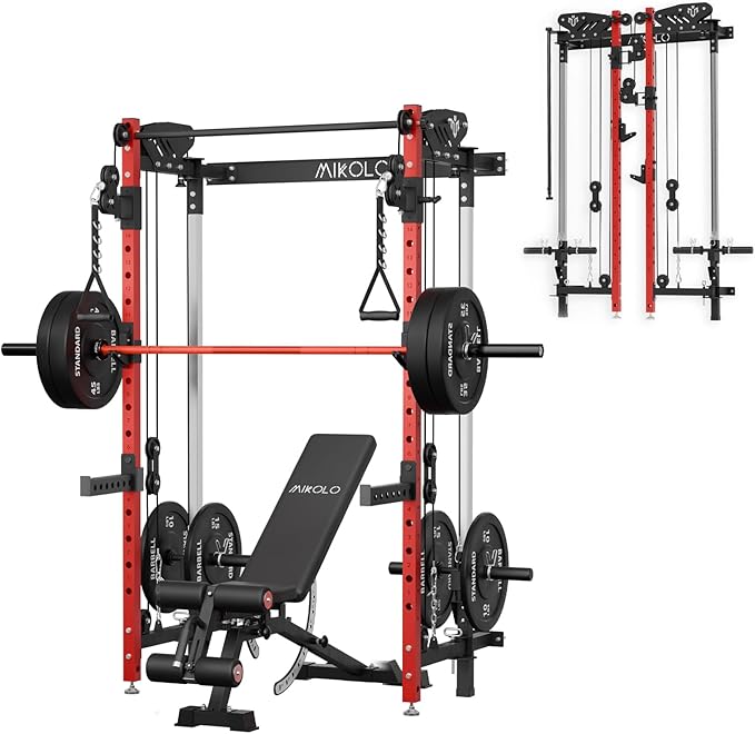 Mikolo Folding Squat Rack, Wall Mounted Power Rack with Cable Crossover Machine & LAT Pull Down, Functional Trainer with 5 Adjustable Function Modes, for Home Gym and Space Saving - The Vitality Estate
