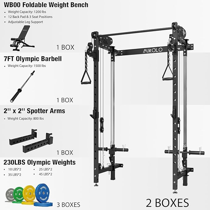 Mikolo Folding Squat Rack, Wall Mounted Power Rack with Cable Crossover Machine & LAT Pull Down, Functional Trainer with 5 Adjustable Function Modes, for Home Gym and Space Saving - The Vitality Estate