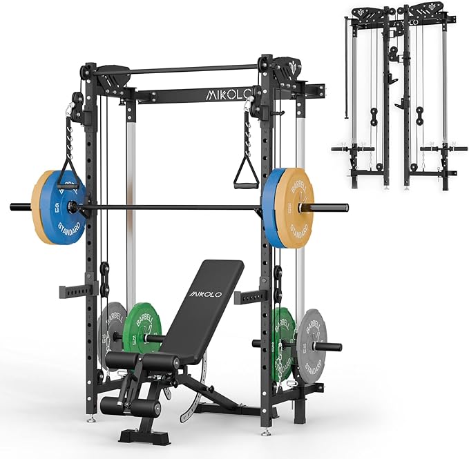 Mikolo Folding Squat Rack, Wall Mounted Power Rack with Cable Crossover Machine & LAT Pull Down, Functional Trainer with 5 Adjustable Function Modes, for Home Gym and Space Saving - The Vitality Estate