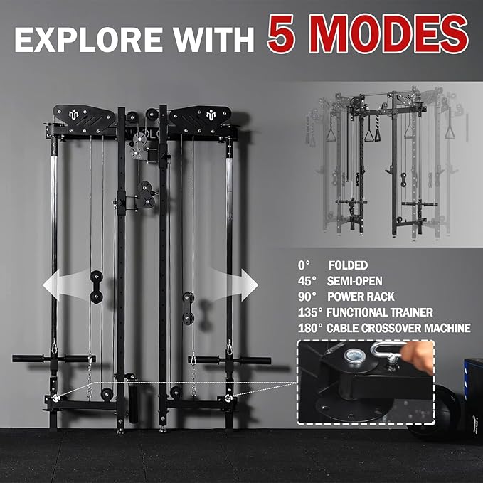 Mikolo Folding Squat Rack, Wall Mounted Power Rack with Cable Crossover Machine & LAT Pull Down, Functional Trainer with 5 Adjustable Function Modes, for Home Gym and Space Saving - The Vitality Estate