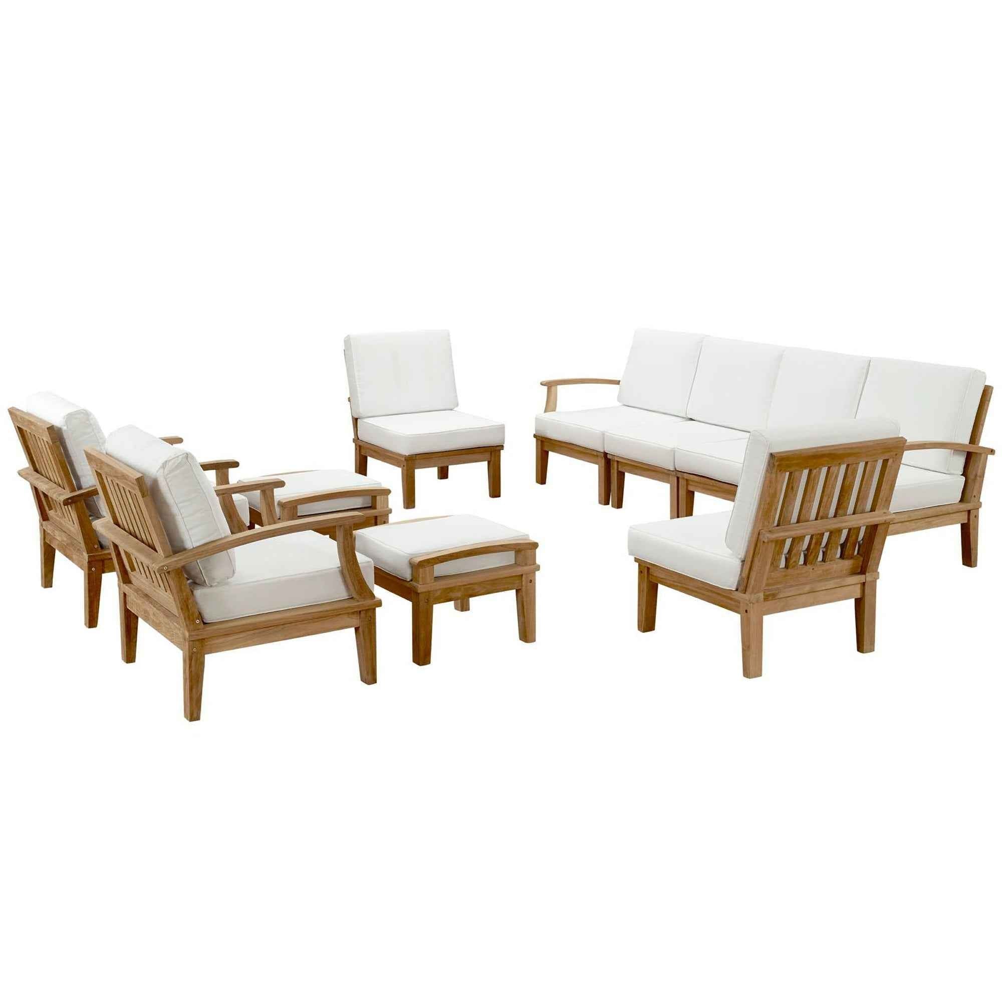 Modway Marina Outdoor Teak Patio Set with White Cushions – 10-Piece Collection by Patio Elegance - The Vitality Estate