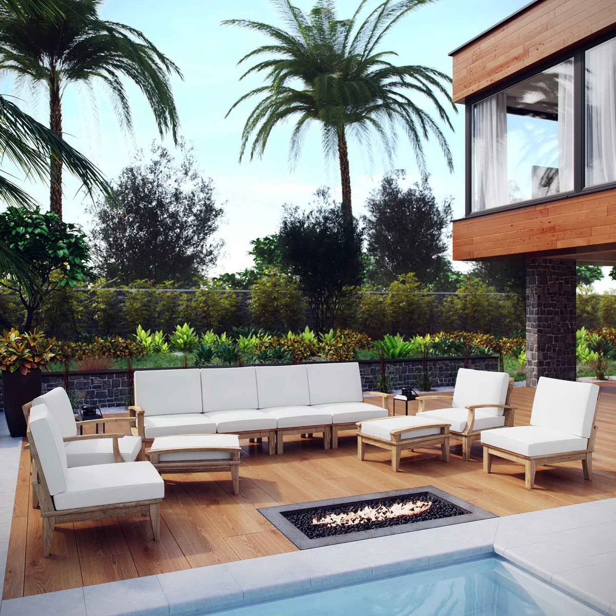 Modway Marina Outdoor Teak Patio Set with White Cushions – 10-Piece Collection by Patio Elegance - The Vitality Estate