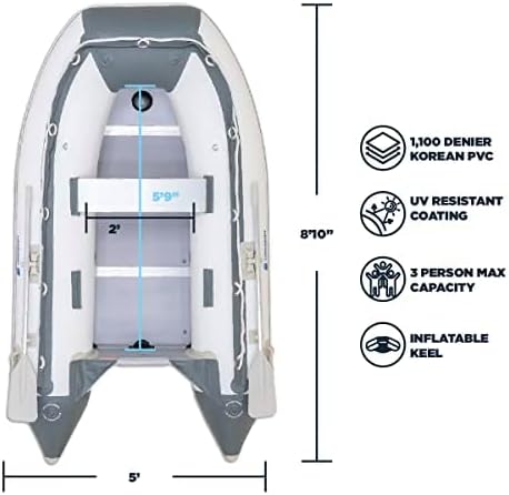 Newport 8ft 10in Dana Inflatable Sport Tender Dinghy Boat - 3 Person - 10 Horsepower - USCG Rated, White/Gray - The Vitality Estate