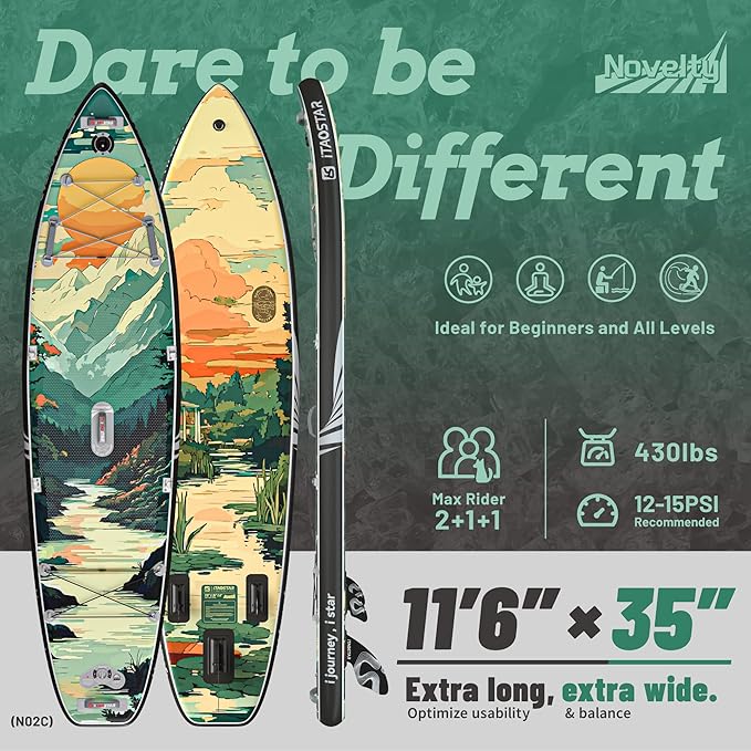 Novelty 11'6" x 35" Extra Wide SUP for Enhanced Stability - Inflatable Stand Up Paddle Board - Premium Paddle Board Kit for Adults & Youth - All Skill Levels - Includes SUP Accessories - The Vitality Estate