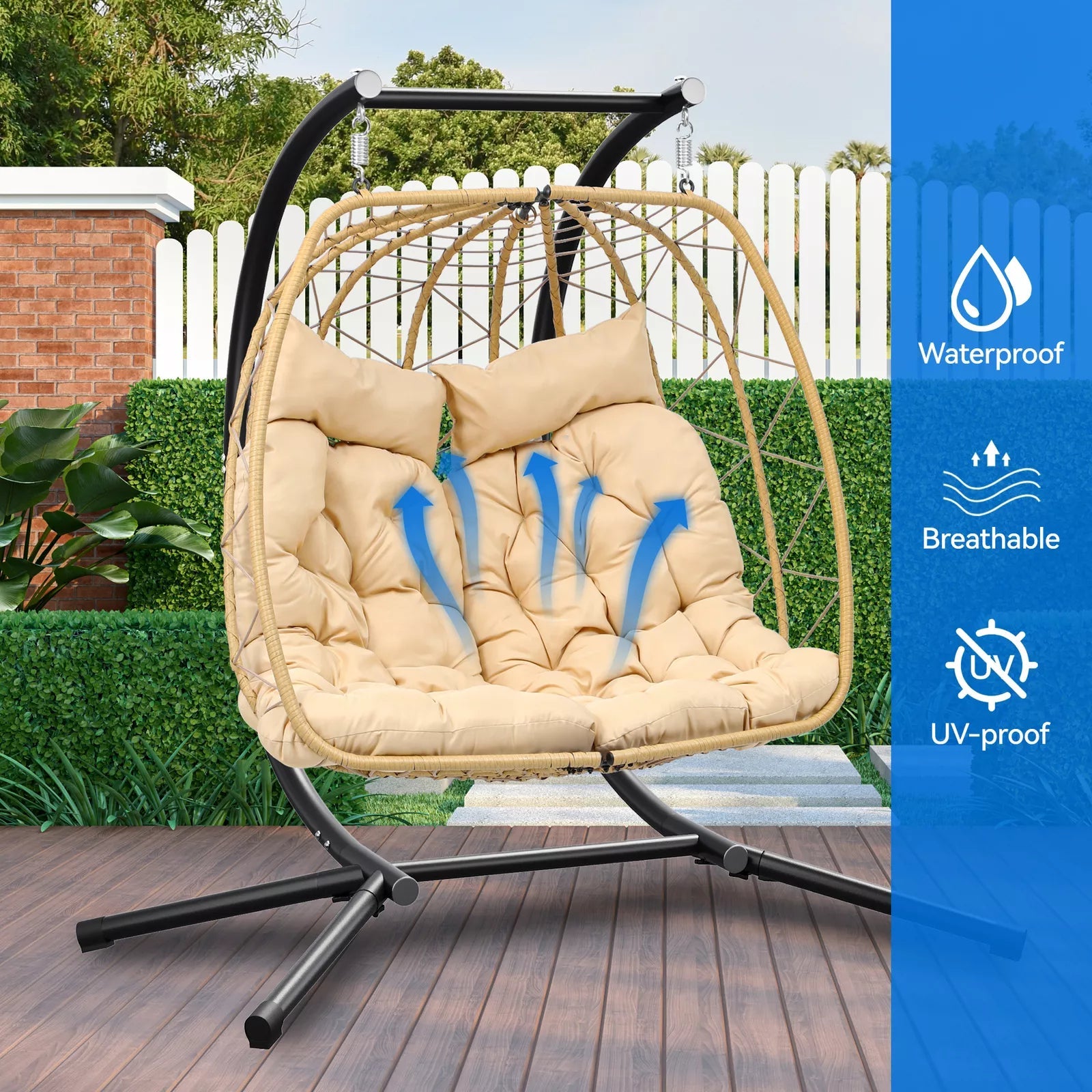 Outdoor 2 Seater Hanging Patio Egg Chair With Stand - The Vitality Estate
