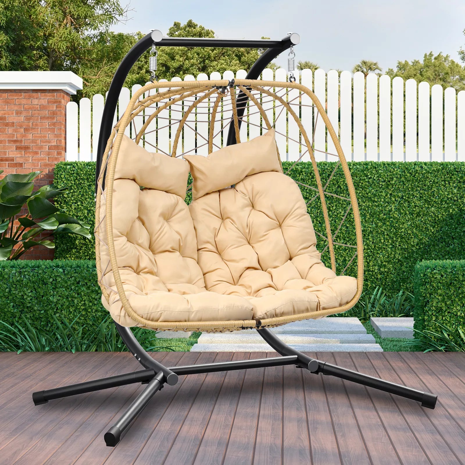 Outdoor 2 Seater Hanging Patio Egg Chair With Stand - The Vitality Estate
