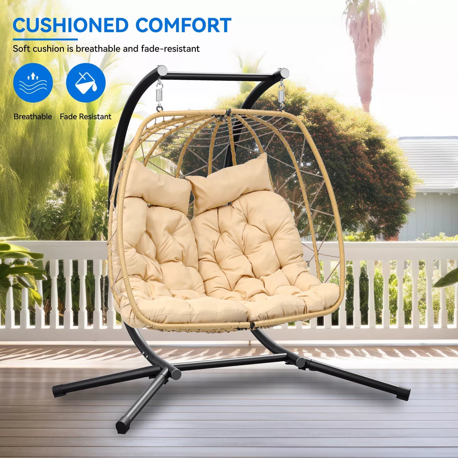 Outdoor 2 Seater Hanging Patio Egg Chair With Stand - The Vitality Estate