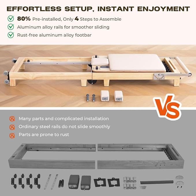 Pilates Reformer Machine, Quick-Assembly Studio Grade Pilates Equipment for Gym and Home, Oak Wood Pilates Reformer with Reformer Accessories - The Vitality Estate