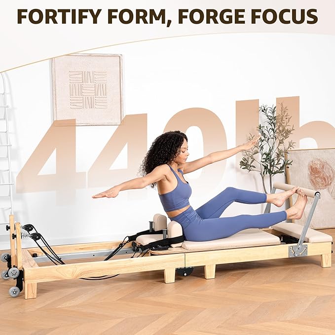 Pilates Reformer Machine, Quick-Assembly Studio Grade Pilates Equipment for Gym and Home, Oak Wood Pilates Reformer with Reformer Accessories - The Vitality Estate