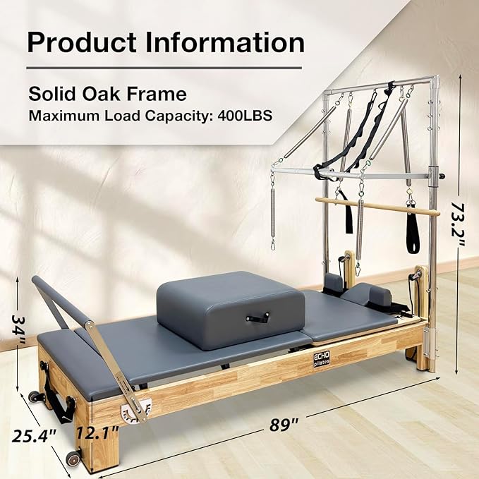 Pilates Reformer, Wooden Pilates Reformer Machine with Springs, Pilates Bed Strength Training Equipment for Home Use and Studio, Pilates Equipment with Reformer Box, Oak - The Vitality Estate
