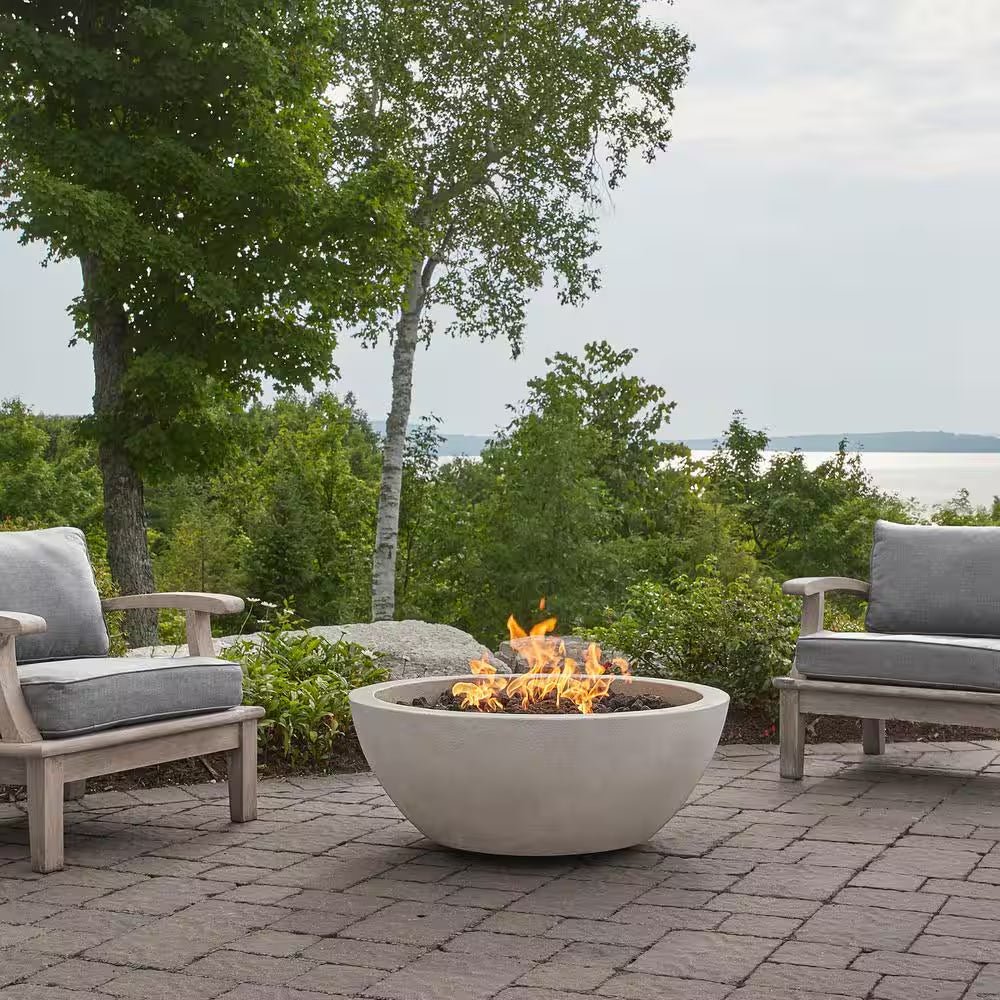 Pompton 38 In. round Concrete Composite Propane Fire Pit in Fog with Vinyl Cover - The Vitality Estate